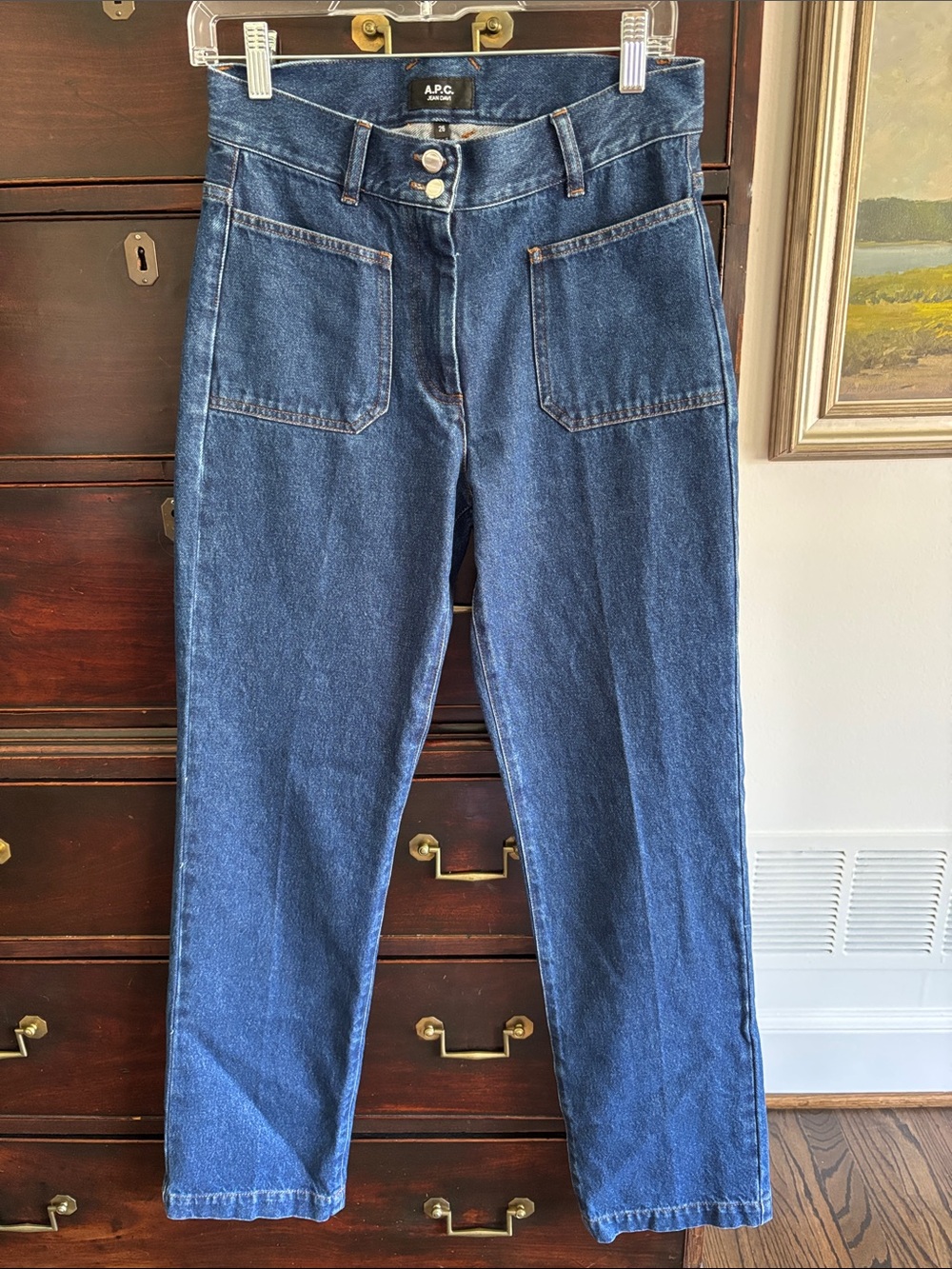 A.P.C. Straight Leg Jeans with Patch Pockets in Dark Blue Denim 26